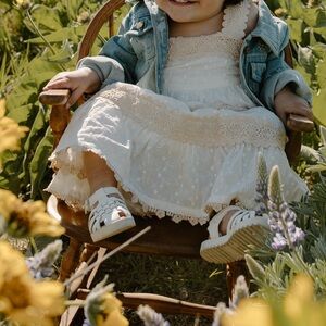 Girls Lace Trimmed White and Tan Dress coquette girl cottagecore prairie
